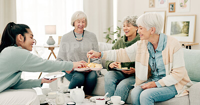 Senior women, tea and friends at a retirement home for quality time, chat or relax. Elderly people or group with a caregiver at a table for food and social visit while drinking and eating together