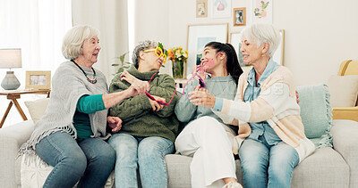 Buy stock photo Happy, glasses and senior women face on the living room sofa for fun, playing and comedy. Smile, laughing and portrait of elderly friends or people with sunglasses, bonding and comic on the couch