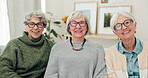 Face, glasses and senior friends in home, having fun and bonding together. Portrait, smile and group of elderly women with eyewear, happy and enjoying quality time to relax in house for retirement
