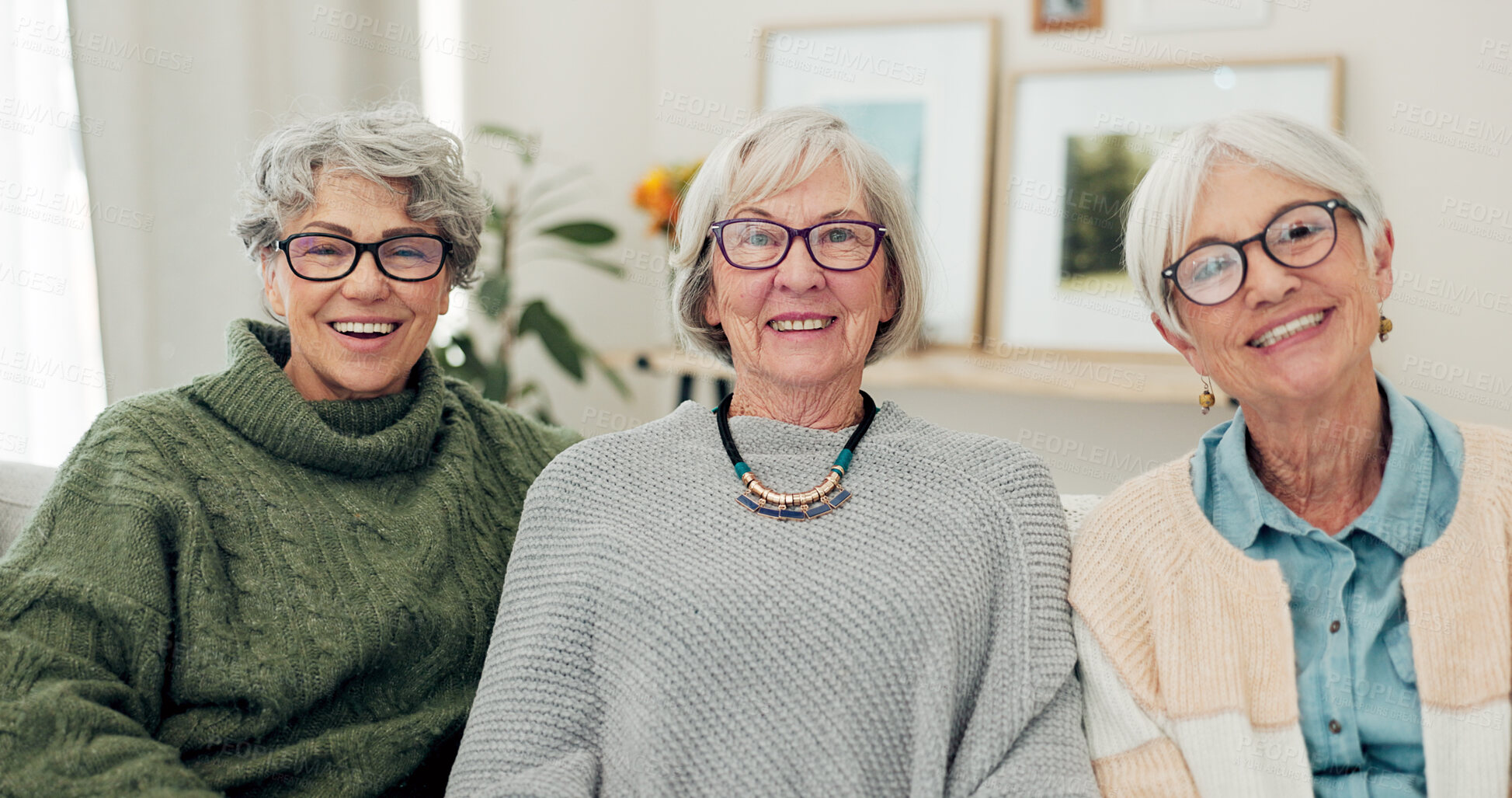 Buy stock photo Face, glasses and senior friends in home, having fun and bonding together. Portrait, smile and group of elderly women with eyewear, happy and enjoying quality time to relax in house for retirement