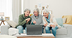 Laptop, friends and senior women on sofa online for social media, streaming movies and internet search. Retirement home, social reunion and caregiver on computer for learning, teaching and helping