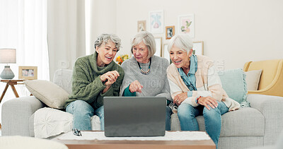 Buy stock photo Laptop, friends and senior women on sofa online for social media, streaming movies and internet search. Retirement home, social reunion and caregiver on computer for learning, teaching and helping