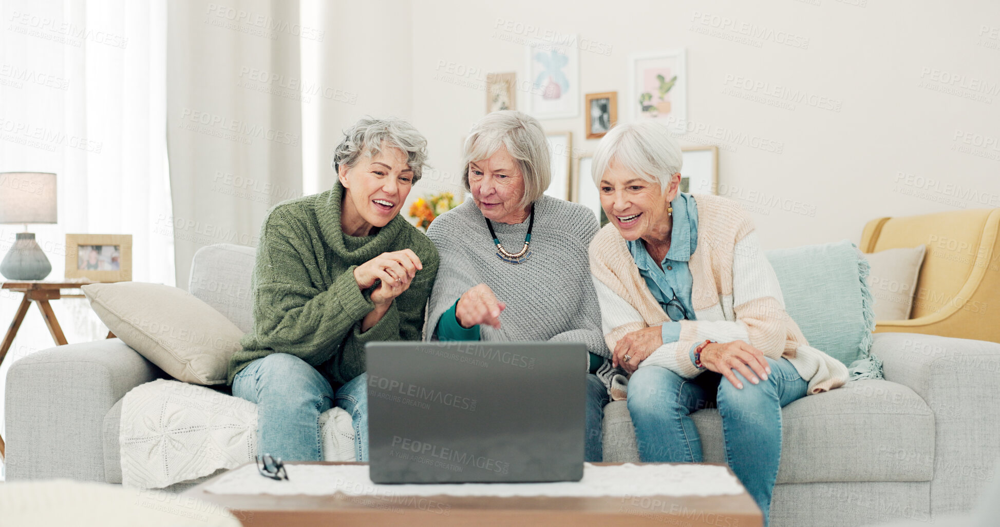 Buy stock photo Laptop, friends and senior women on sofa online for social media, streaming movies and internet search. Retirement home, social reunion and caregiver on computer for learning, teaching and helping