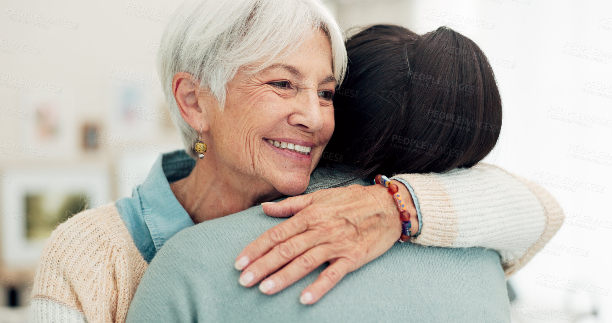 Buy stock photo Happy senior woman, hug and elderly care for thank you, gratitude or support for caregiver at home. Mature female person or patient embracing medical or healthcare worker in trust, happiness or house