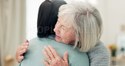 Senior woman, hug and elderly care for thank you, gratitude or support for caregiver at old age home. Happy mature female person or patient embracing medical or healthcare worker in trust at house
