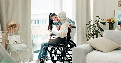 Buy stock photo Woman, nurse and wheelchair in elderly care for support, trust or healthcare service in old age home. Female person or caregiver talking to mature patient or person with a disability in retirement