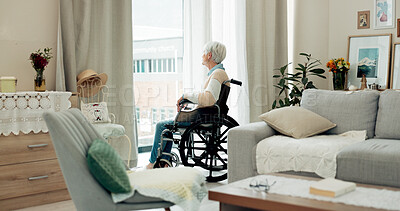 Senior woman, wheelchair and thinking by window in retirement for dream, memory or remember at home. Elderly female or person with a disability sitting and looking out glass at the city in the house
