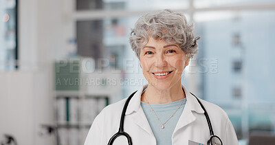 Medical, doctor and smile with face of old woman in office for consulting, wellness and medicine. Healthcare, happy and expert with portrait of senior person in hospital for surgery and professional