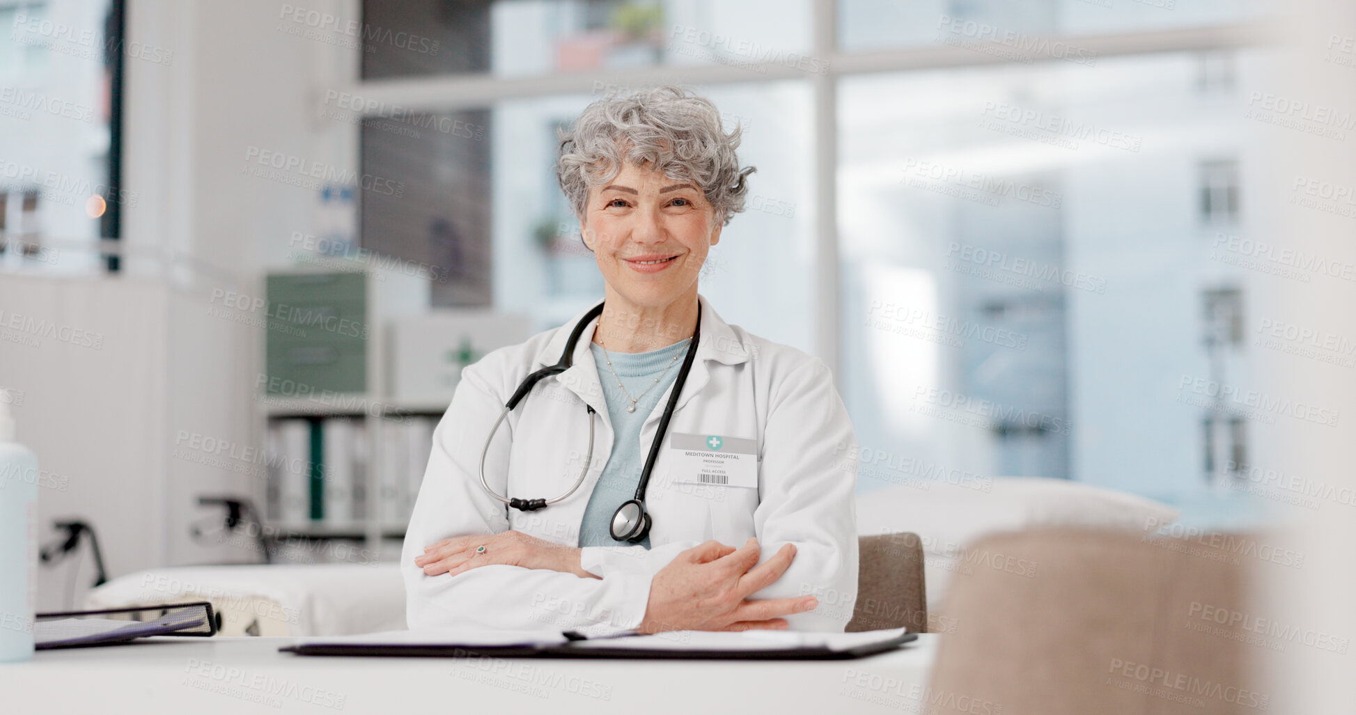Buy stock photo Medical, doctor and happy with face of old woman in office for consulting, wellness and medicine. Healthcare, smile and expert with portrait of senior person in hospital for surgery and professional