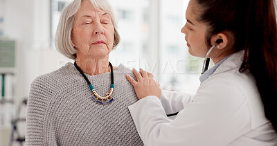 Buy stock photo Woman, doctor and heart beat of elderly patient in checkup, appointment or consultation at hospital. Medical healthcare expert examining mature customer in cardiology with stethoscope at the clinic