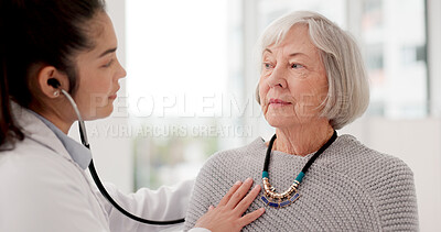 Buy stock photo Woman, doctor and listening for patient heart beat in checkup, appointment or consultation at hospital. Medical healthcare expert examining elderly customer in cardiology with stethoscope at clinic