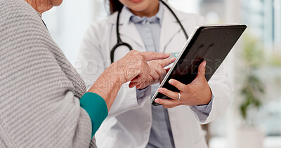 Buy stock photo Woman, hands and talking with doctor or tablet at clinic for online app with information. Consultation, patient and medical professional holding tech for research or discussion about healthcare.