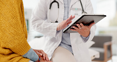 Hands, tablet or doctor with patient in consultation for healthcare advice or checkup at hospital. Closeup, technology or medical professional talking to person in appointment for medicare at clinic