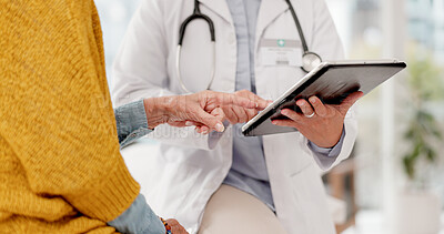 Hands, tablet or doctor with patient in consultation for healthcare advice or checkup at hospital. Closeup, technology or medical professional talking to person in appointment for medicare at clinic