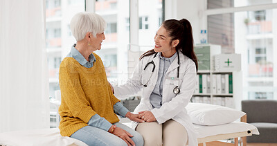 Buy stock photo Holding hands, happy or doctor with patient in consultation for healthcare advice or checkup at hospital. Support, cancer therapy or medical worker talking to person in appointment for medicare