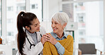 Happy, hug and face of a doctor with a woman for medical trust, healthcare and help. Laughing, care and portrait of a young nurse with a senior patient and love during a consultation at a clinic