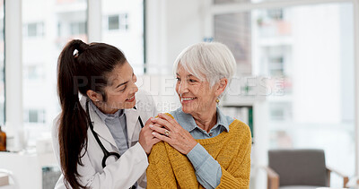 Buy stock photo Happy, hug and face of a doctor with a woman for medical trust, healthcare and help. Laughing, care and portrait of a young nurse with a senior patient and love during a consultation at a clinic