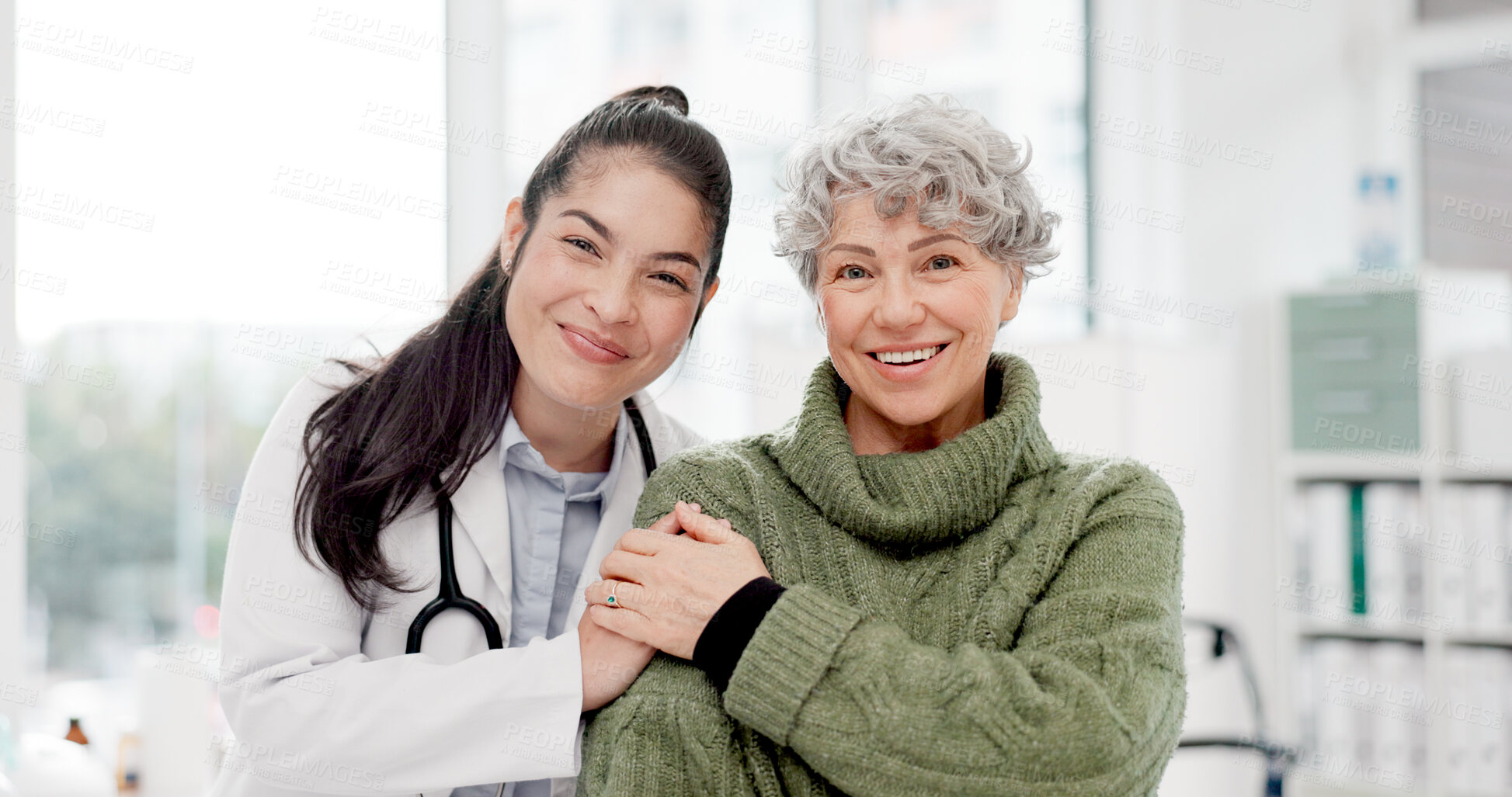 Buy stock photo Happy, care and face of a doctor with a woman for medical trust, healthcare and help. Laughing, hug and portrait of a young nurse with a senior patient and love during a consultation at a clinic