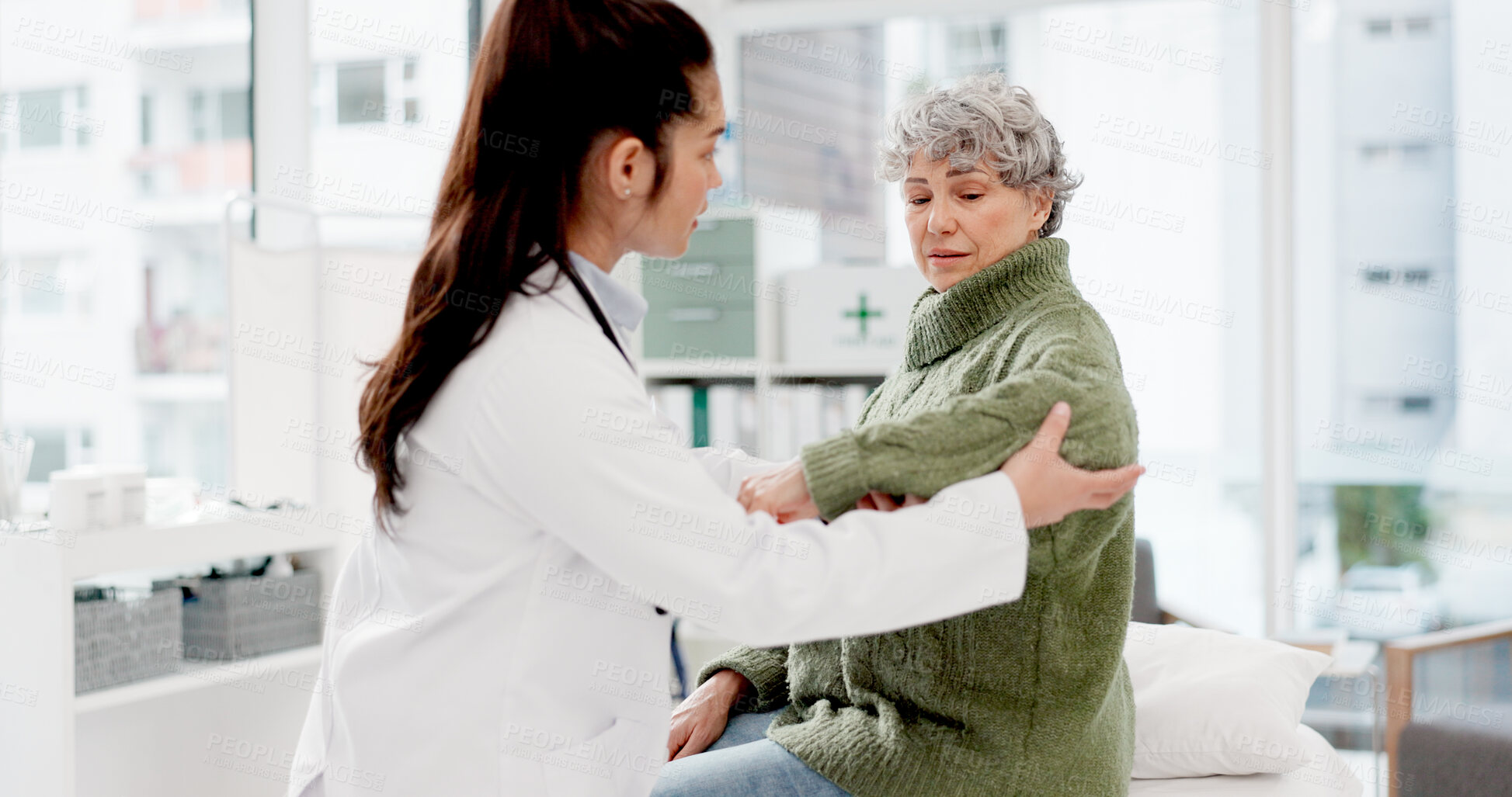 Buy stock photo Welcome, old woman or doctor shaking hands with patient in consultation for healthcare checkup at hospital. Meeting, handshake or medical worker greeting a senior person in appointment at clinic