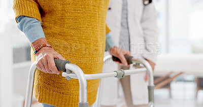 Buy stock photo Senior hands, doctor and physiotherapy with walker for support, help and healthcare. Walking frame, medical professional and person with a disability in hospital, rehabilitation and physical therapy