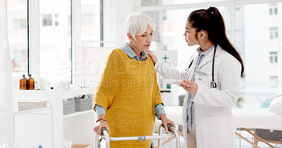 Buy stock photo Walking frame, medicine or doctor with a senior patient in consultation for healthcare advice at hospital. Prescription, pills or medical worker talking to elderly woman for rehabilitation at clinic