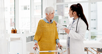 Buy stock photo Walking frame, medicine or doctor with a senior patient in consultation for healthcare advice at hospital. Prescription, pills or medical worker talking to elderly woman for rehabilitation at clinic
