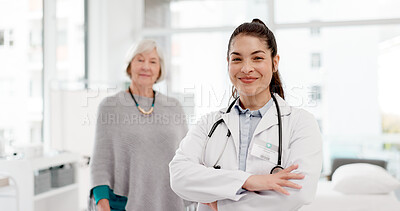 Face, happy or doctor with elderly patient in consultation for healthcare advice or checkup at hospital. Portrait, smile or proud medical worker with old woman in appointment for medicare at clinic