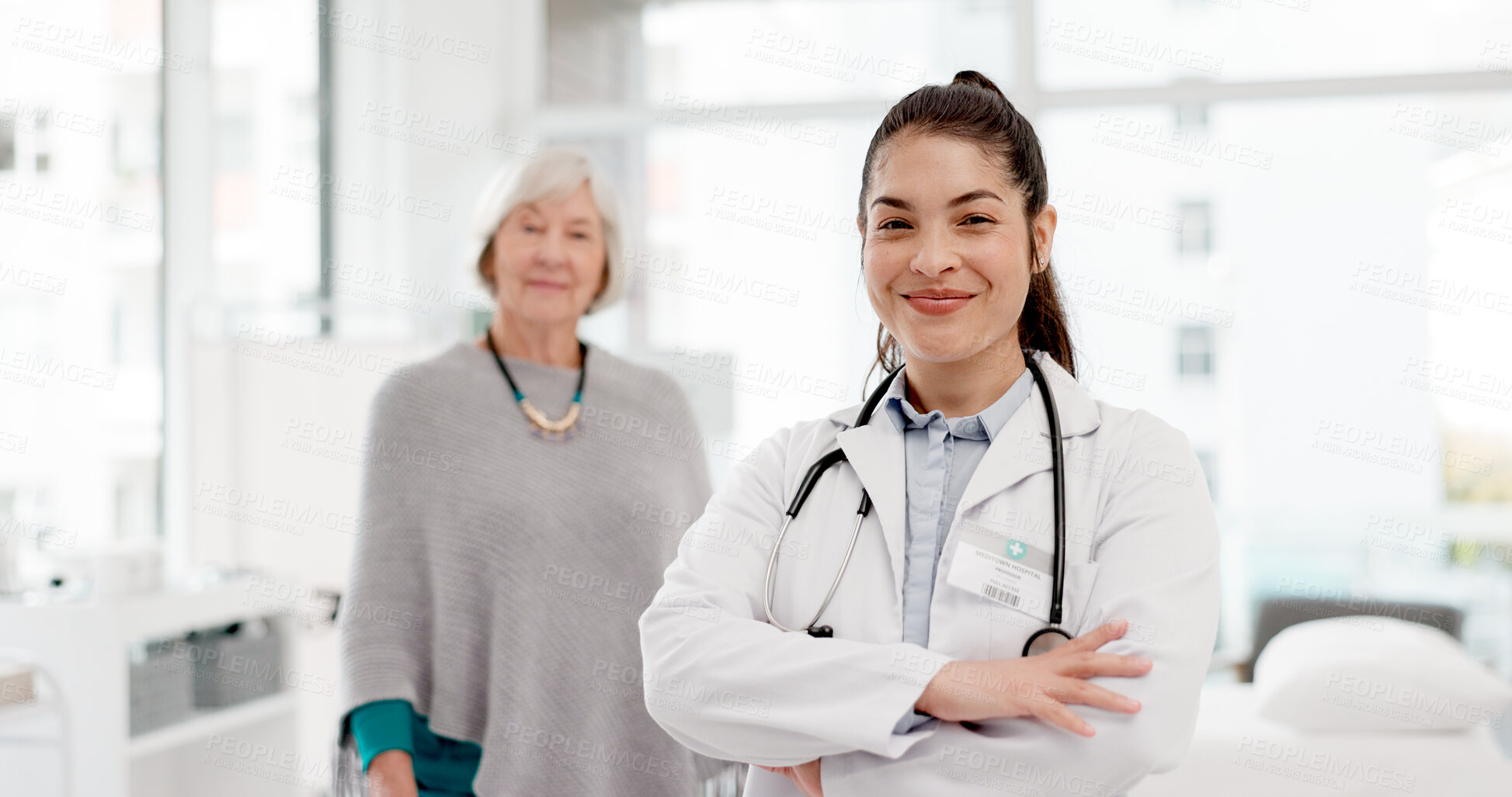 Buy stock photo Face, happy or doctor with elderly patient in consultation for healthcare advice or checkup at hospital. Portrait, smile or proud medical worker with old woman in appointment for medicare at clinic