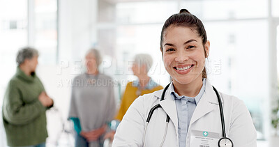 Healthcare, confidence and woman, portrait of doctor with smile in hospital for support in senior care. Health, wellness and medicine, happy medical professional with stethoscope and mockup space.