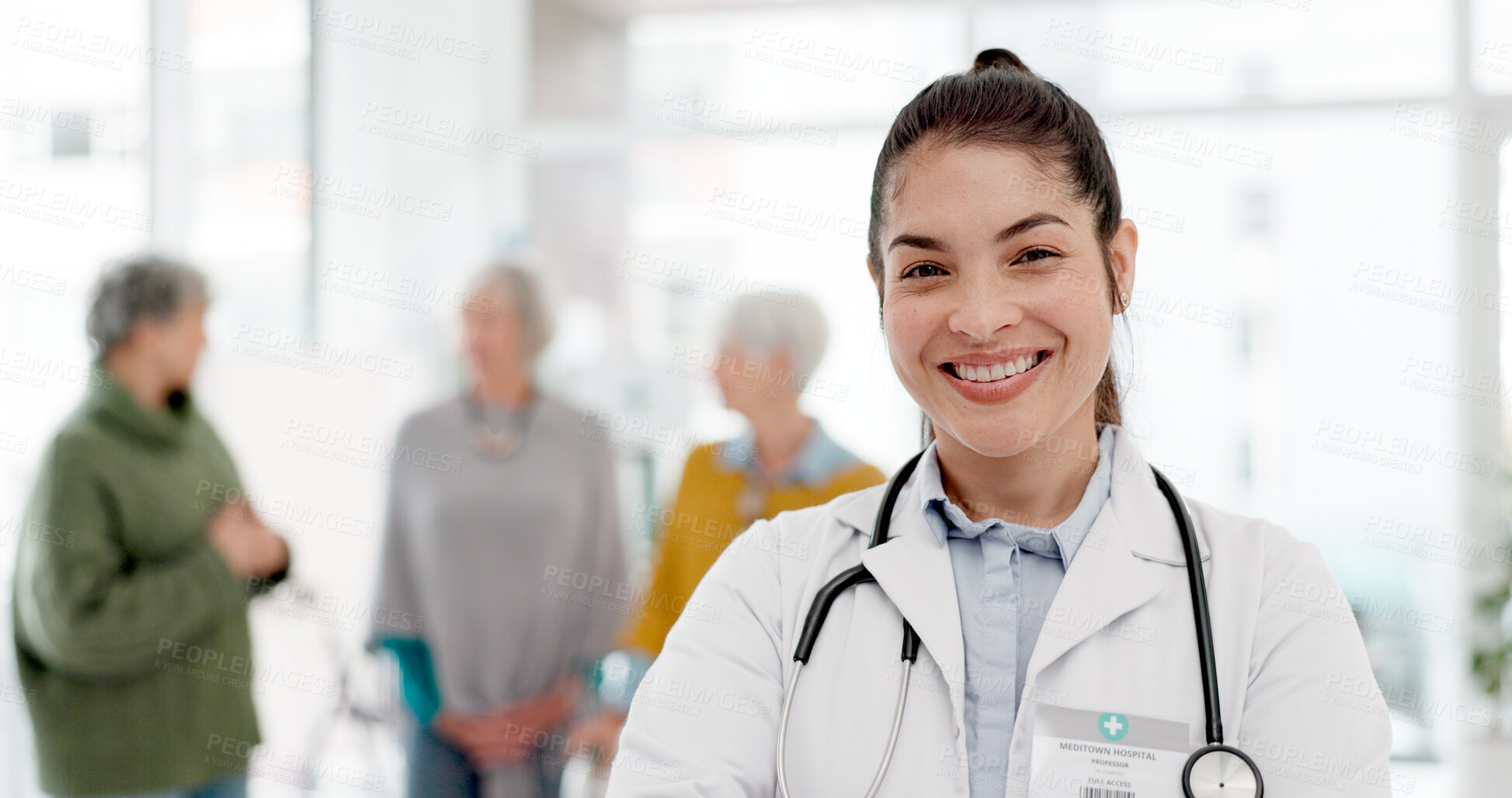 Buy stock photo Healthcare, confidence and woman, portrait of doctor with smile in hospital for support in senior care. Health, wellness and medicine, happy medical professional with stethoscope and mockup space.