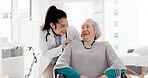 Face, laughing or doctor with senior patient in consultation for healthcare nursing or checkup in hospital clinic. Portrait, hug or happy nurse smiling with a funny old woman in medical appointment