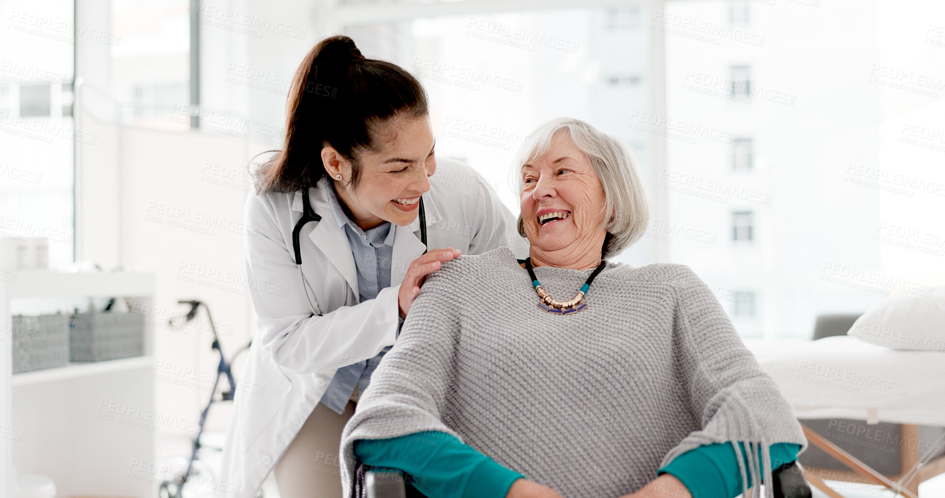 Buy stock photo Face, laughing or doctor with senior patient in consultation for healthcare nursing or checkup in hospital clinic. Portrait, hug or happy nurse smiling with a funny old woman in medical appointment