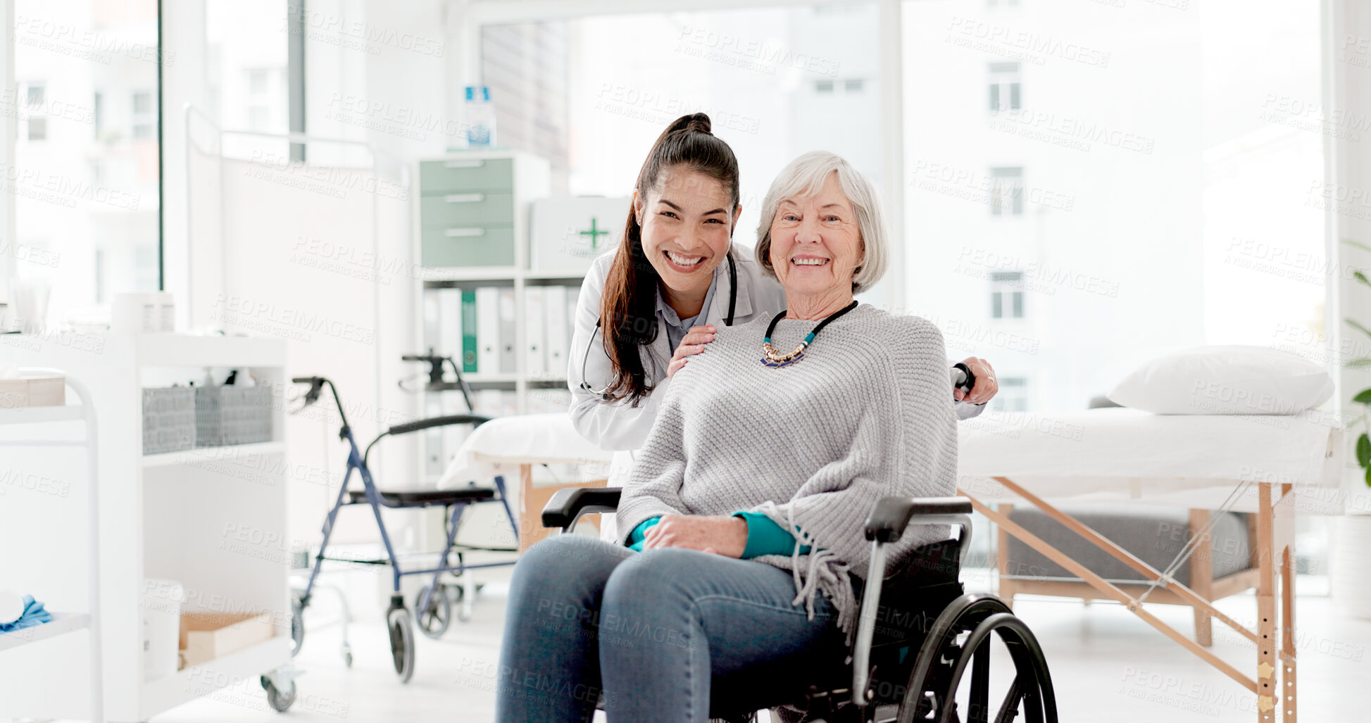 Buy stock photo Happy, senior care and woman with a disability and doctor for healthcare, support and consulting. Smile, love and face portrait of a medical employee and elderly patient in a wheelchair at a clinic