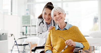 Buy stock photo Face, happy or doctor with old woman In wheelchair or consultation for healthcare in hospital clinic. Portrait, smile or medical worker consulting an elderly person with a disability in appointment