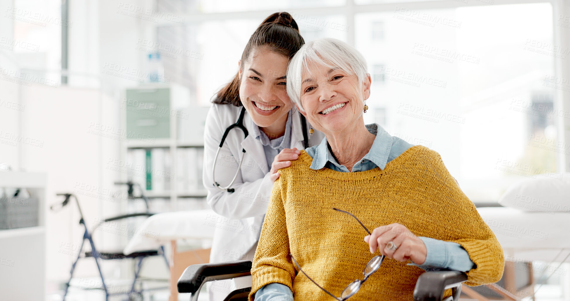 Buy stock photo Face, happy or doctor with old woman In wheelchair or consultation for healthcare in hospital clinic. Portrait, smile or medical worker consulting an elderly person with a disability in appointment