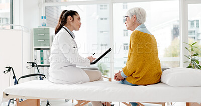 Writing, doctor or old woman in hospital speaking of medical information or healthcare history for help. Medical, report or nurse with prescription, checklist or notes on clipboard for senior patient
