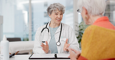 Buy stock photo Old woman, senior or doctor with patient in consultation for healthcare advice or hospital checkup in clinic Speaking, nursing or medical professional talking to person in appointment for medicare