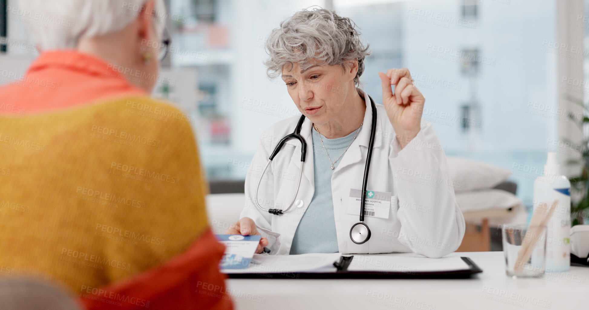Buy stock photo Old woman, senior or doctor with patient in consultation for healthcare advice or hospital checkup in clinic Speaking, nursing or medical professional talking to person in appointment for medicare