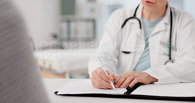 Buy stock photo Hands, talking and doctor with patient and paperwork for healthcare and insurance. Conversation, hospital and medical employee with documents or contract for a person while consulting for cardiology