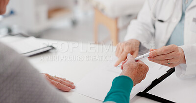 Buy stock photo Hands, signature and doctor with patient and paperwork for healthcare and insurance. Talking, hospital and a medical employee with documents or a contract for a person while consulting for cardiology