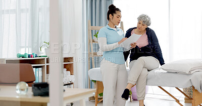 Buy stock photo Physiotherapy, senior woman and healthcare consultation, physical therapy advice and results on documents. Physiotherapist, chiropractor or medical person writing or check elderly patient information