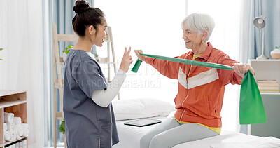 Buy stock photo Elderly woman doing exercise with a resistance band for physical therapy with nurse in clinic. Fitness, healthcare and female patient doing arm workout with a physiotherapist in rehabilitation center
