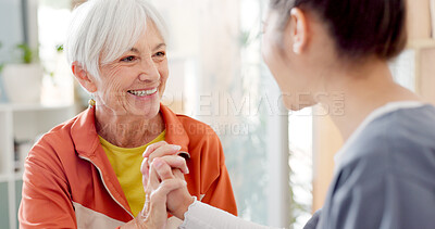 Buy stock photo High five, happy and a senior woman with a doctor for rehabilitation success and healthcare support. Smile, celebration and an elderly patient with a medical employee and gesture for therapy progress
