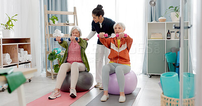 Senior people, fitness class and coach with tablet, ball and dumbbell for muscle health support or balance. Exercise, training and workout woman and personal trainer in pilates class helping clients