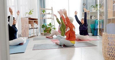 Buy stock photo Senior people, yoga class and coach in meditation, lotus and prayer hands for exercise, holistic wellness and stretching. Workout, peace and calm of elderly woman, clients and zen personal trainer