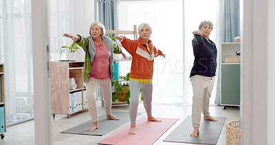 Home, yoga and elderly women stretching, fitness and retirement with activity, exercise and wellness. Senior club, female people and healthy group with workout, stretch and pilates training with care