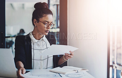 Buy stock photo Laptop, documents and thinking with woman attorney at work in office for law firm or case report. PC, data and paperwork with female business lawyer working on online court review for legislation