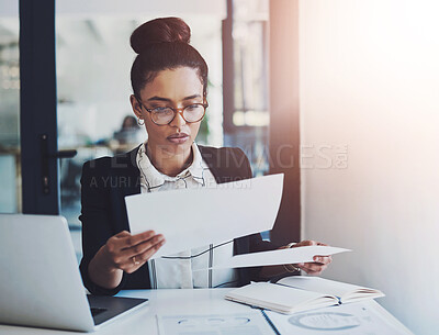 Buy stock photo Laptop, documents and report with business woman at work in office for law firm or case thinking. Computer, data and paperwork with female attorney working on lawyer report or online court review