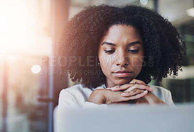 Buy stock photo Business, thinking and black woman with laptop, decision and online reading for spell check, editing and lens flare. African person, startup and copywriting consultant with pc or research for article
