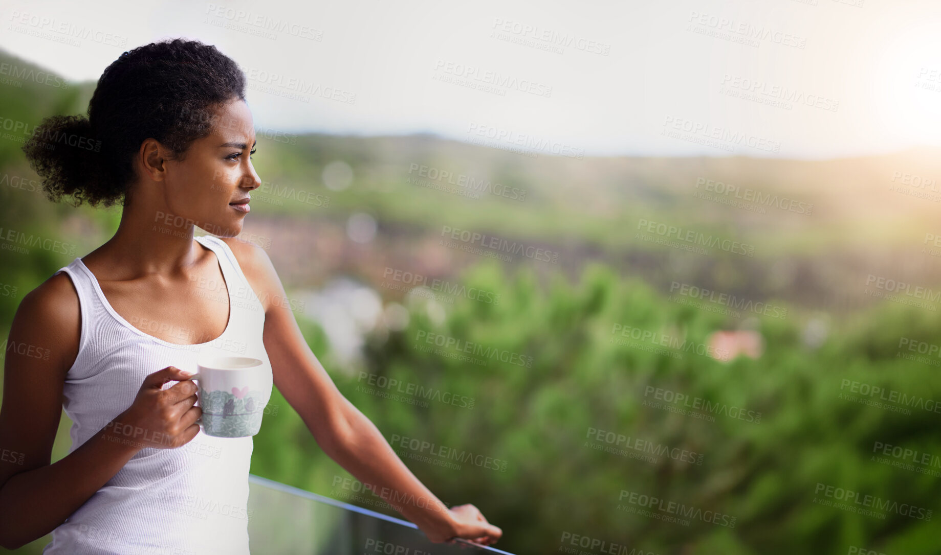 Buy stock photo Black woman, thinking and balcony with coffee in relax for morning, breakfast or natural view of neighborhood. Calm African person or girl in wonder with beverage or cappuccino on terrace at home